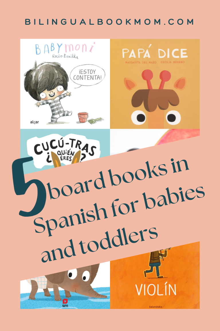 Pinterest image - "5 board books in Spanish for babies and toddlers" with sample images of covers