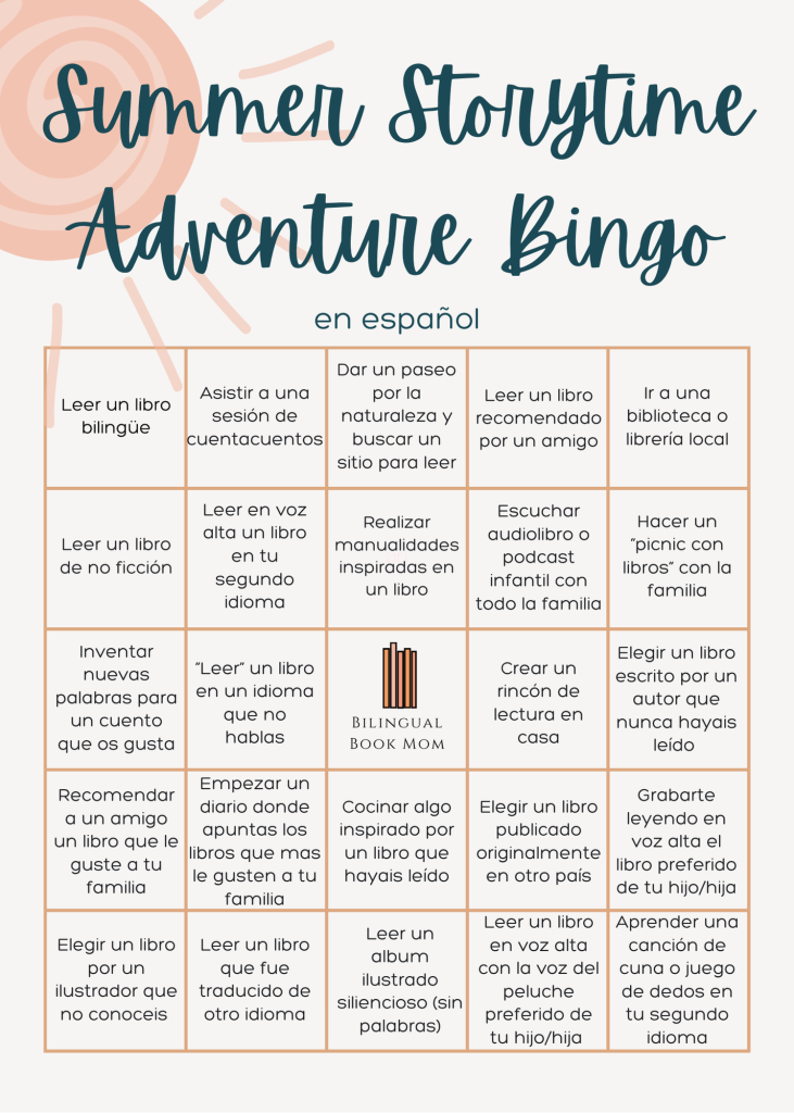 Summer Reading Challenge bingo card (spanish version), which includes five rows and five colums of challenges to complete as a family throughout the summer.