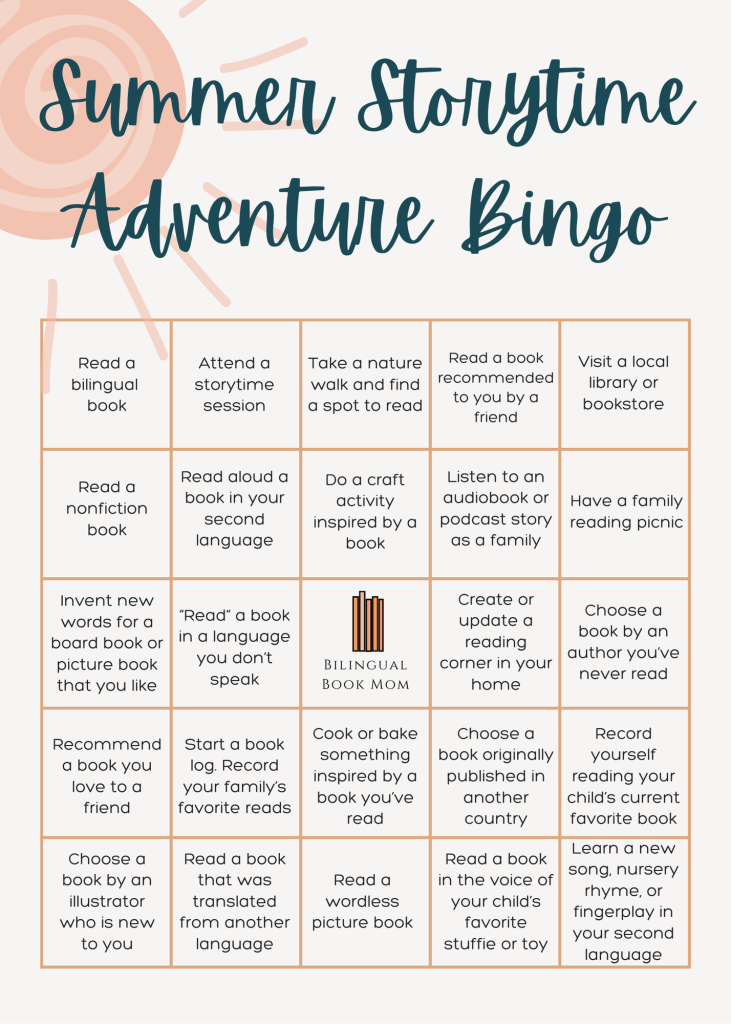 Summer Reading Challenge bingo card (english version), which includes five rows and five colums of challenges to complete as a family throughout the summer.